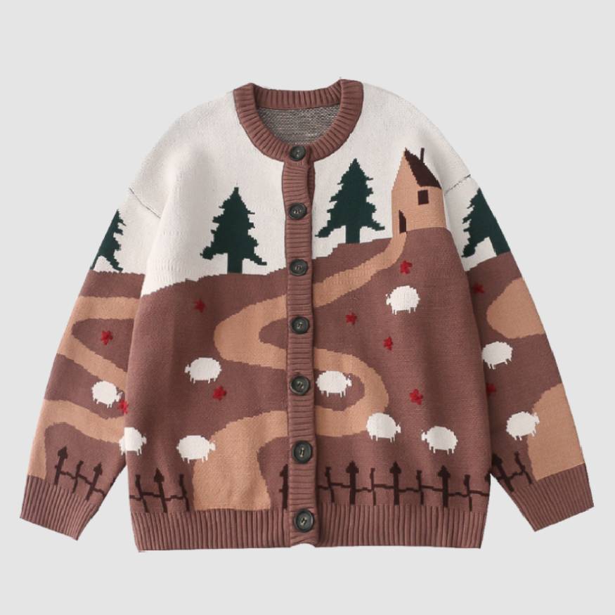 Ilustración de paisaje infantil Jacquard Cardigan Suéter