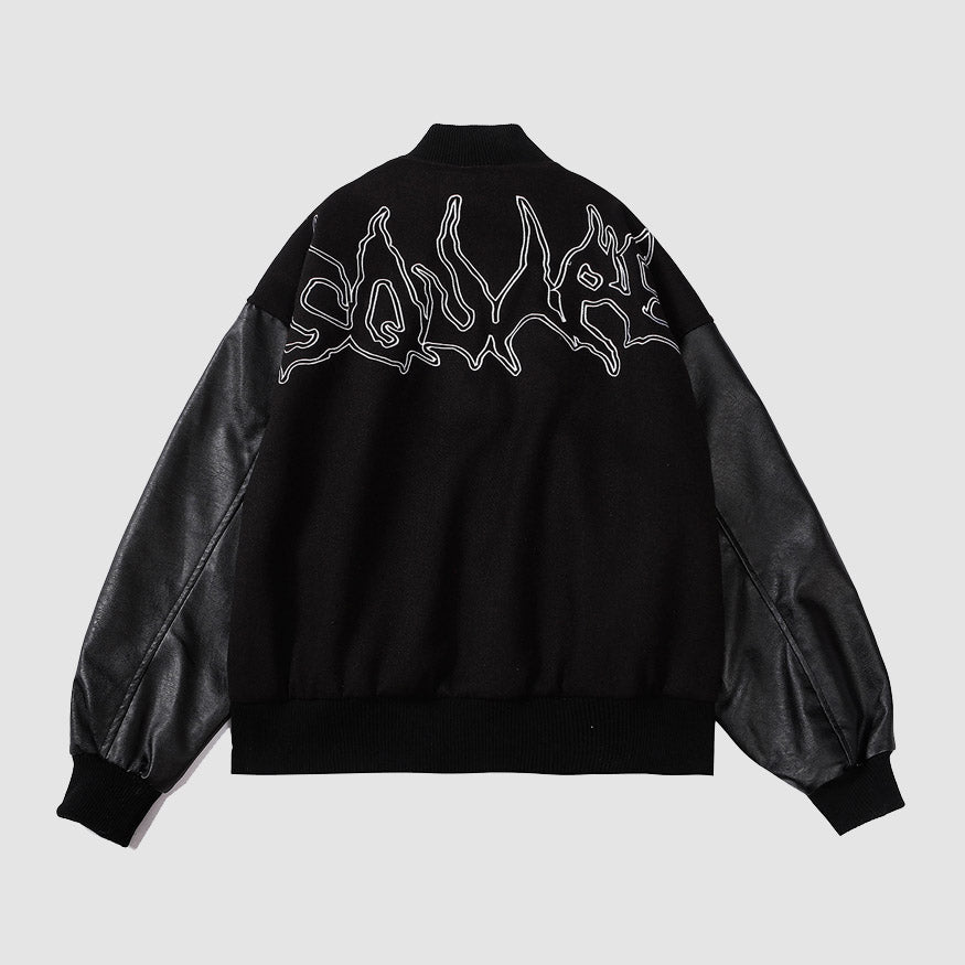 Baseballjacke mit PU-Ledernaht und Symbolstickerei