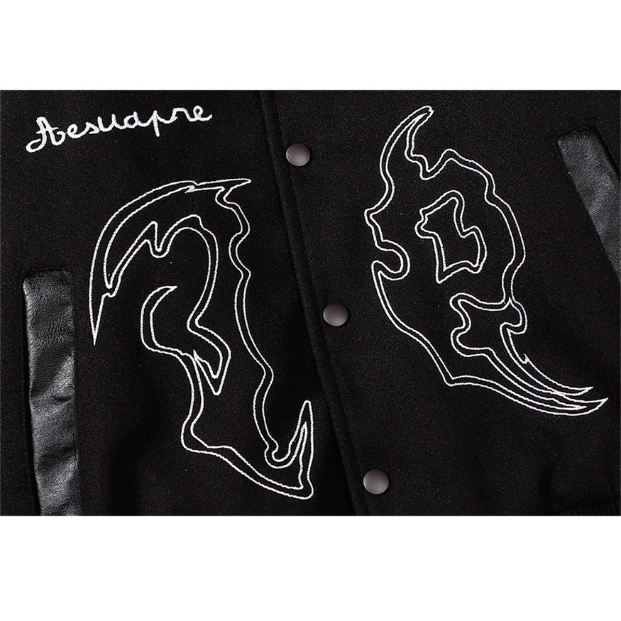 Baseballjacke mit PU-Ledernaht und Symbolstickerei
