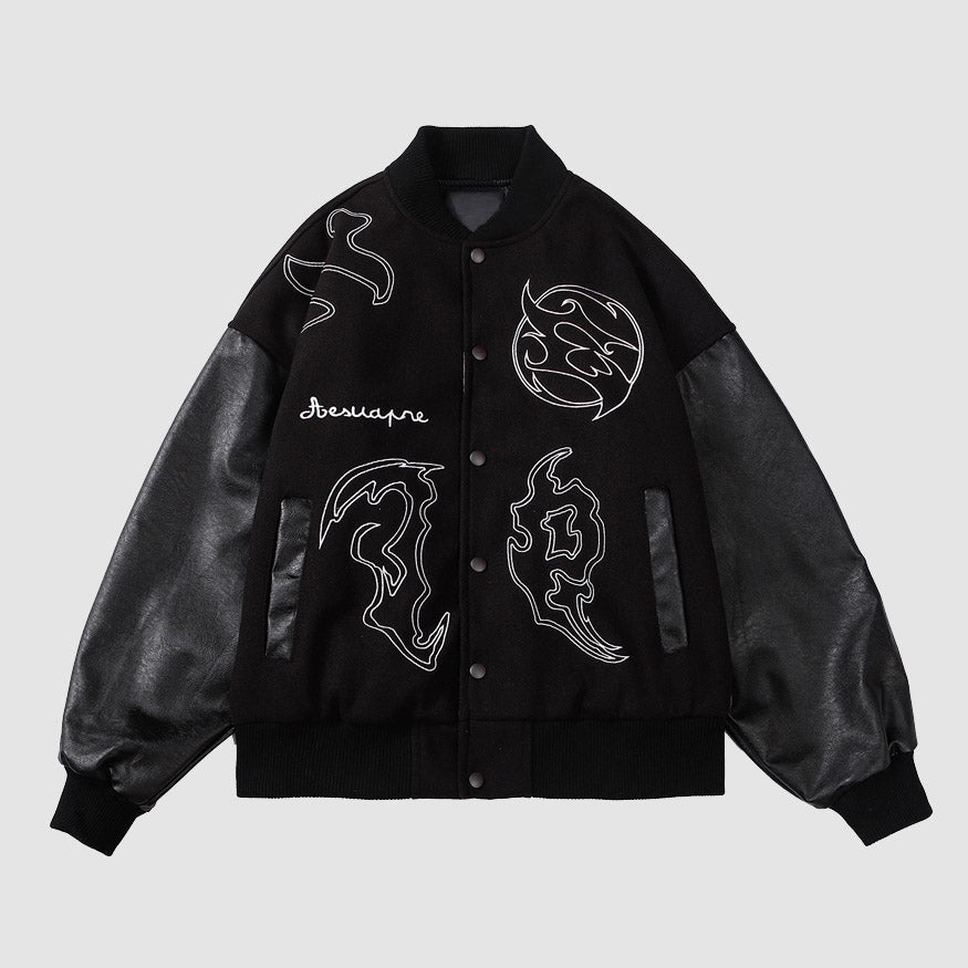 Baseballjacke mit PU-Ledernaht und Symbolstickerei