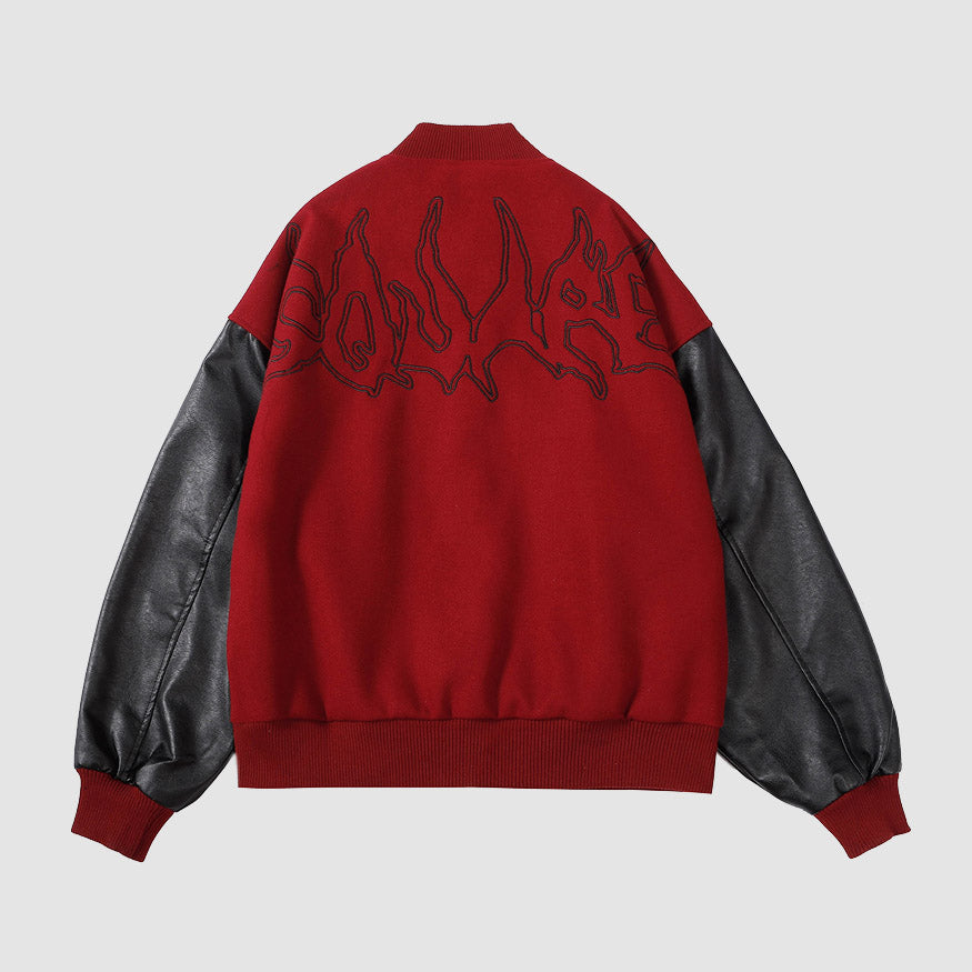 Baseballjacke mit PU-Ledernaht und Symbolstickerei