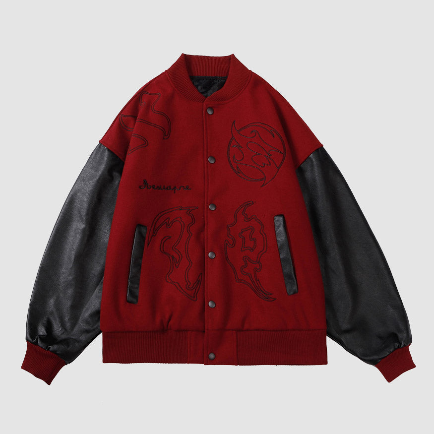 Baseballjacke mit PU-Ledernaht und Symbolstickerei