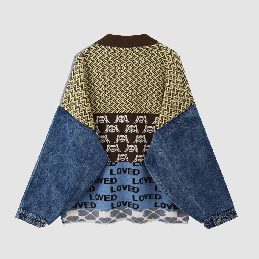 Vintage Patchwork Denim Strickjacke