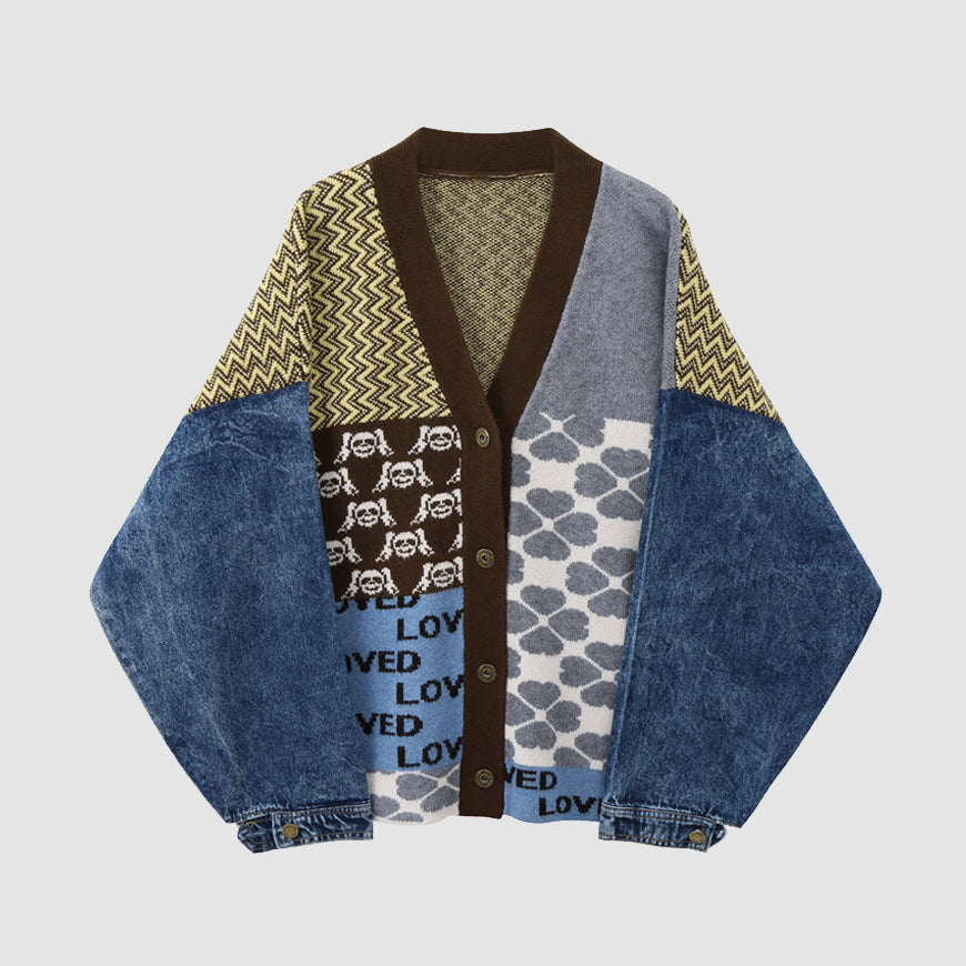 Vintage Patchwork Denim Strickjacke